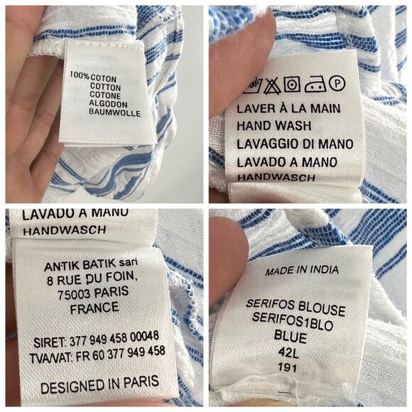 Antik Batik Serifos Ruffled Blue Striped Cotton Gauze Blouse Size L/42 - Picture 11 of 14